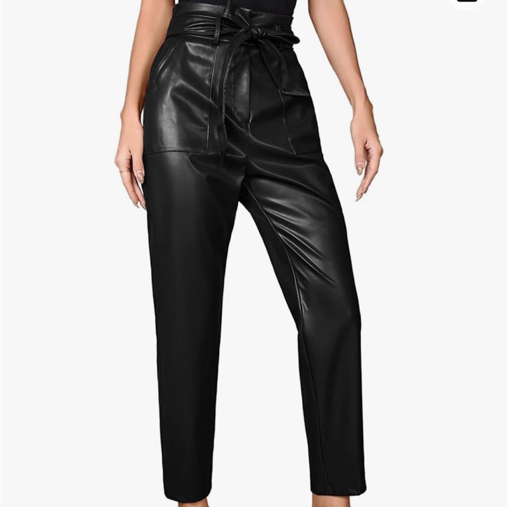 Grace Karin| Black Faux Leather Waist Tie Pants